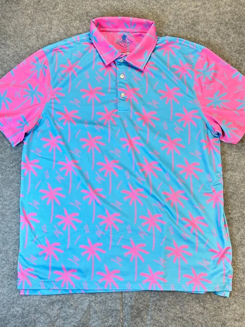 Chubbies Polo Shirt Mens L Pink Blue Tropical Palm Print Performance Golf Sporty